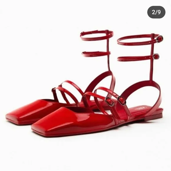 NWT ZARA Strappy Faux Patent leather Slingback Flats size 7.5 - Picture 2 of 8